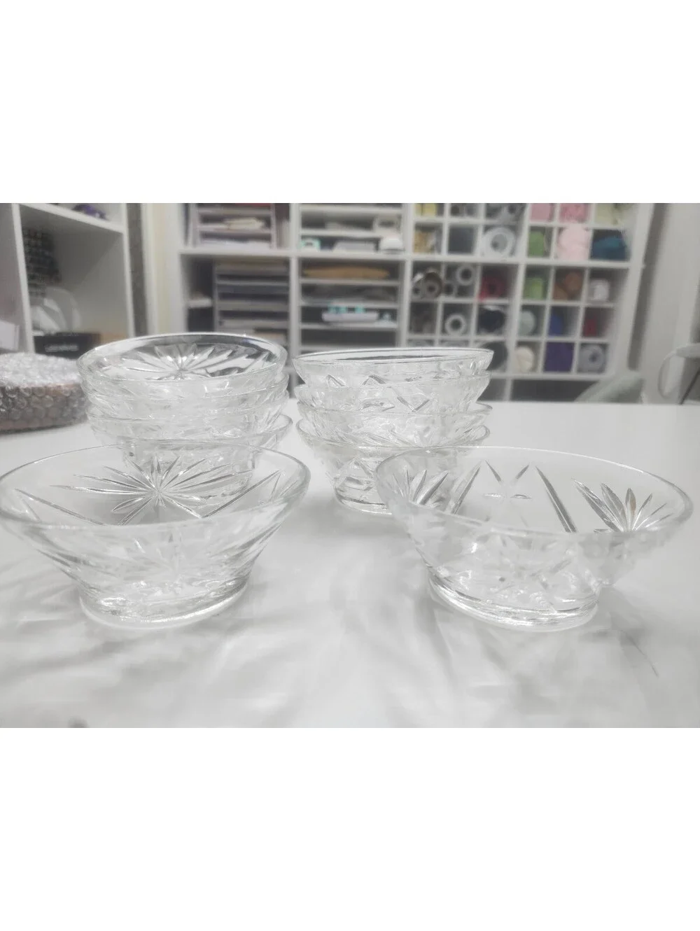 Set of 10 Vintage Clear Glass Bowls with Starburst Design